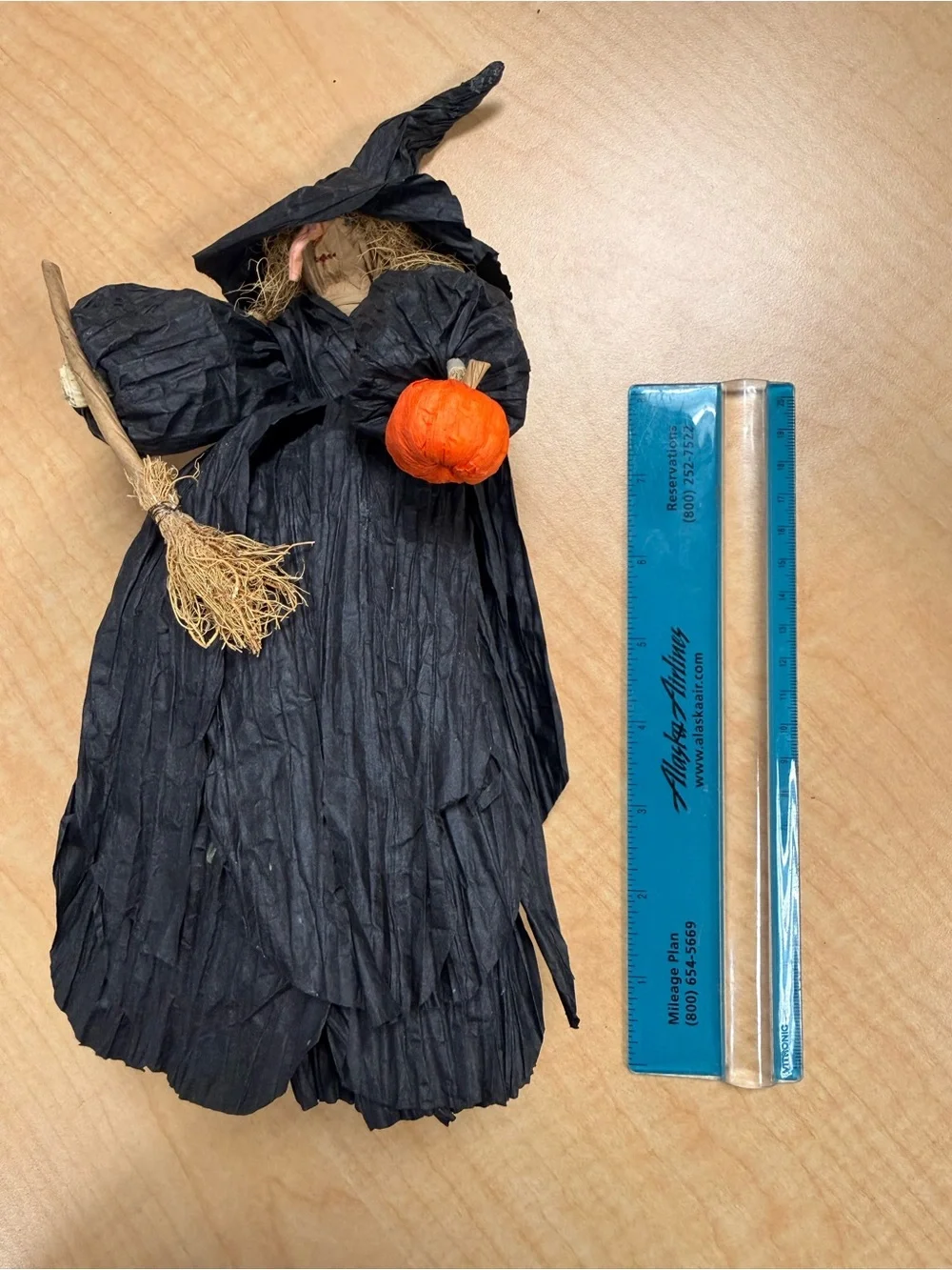 Handmade Primitive Crepe Paper Kitchen Witch Doll Figure w/ Broom & Pumpkin